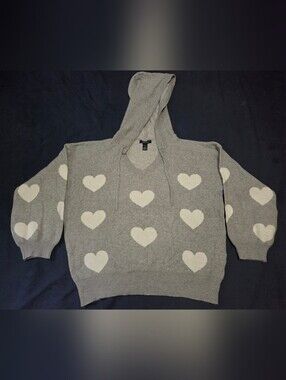 Gray V-Neck Hoodie Sweater with Heart Print